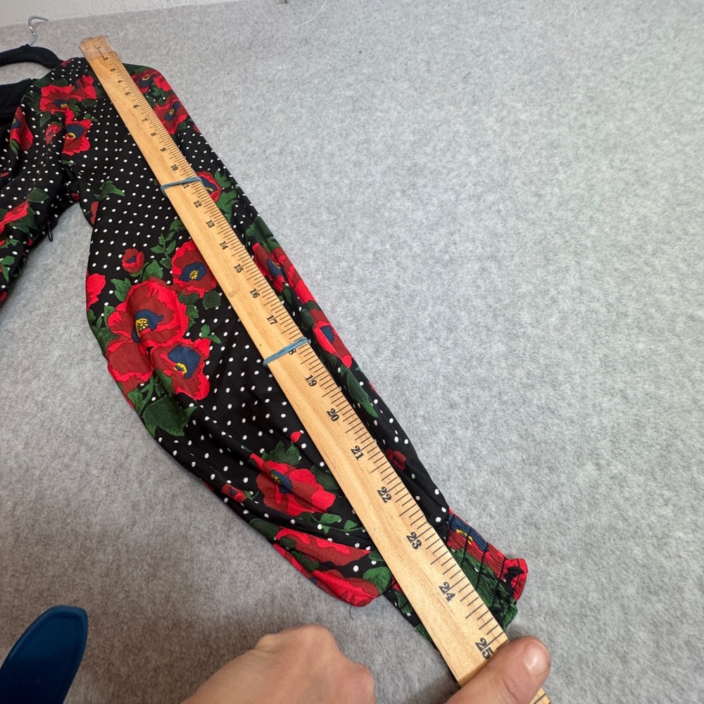 Free‎ People Long Sleeve Mini Dress Tie Front Black Red Floral Polka Dot Size S - Picture 7 of 8